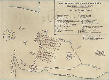 Mapa ústředního archivu v Římě – tábor Perdu, Asinara, internace rakousko-uherských válečných zajatců 1916